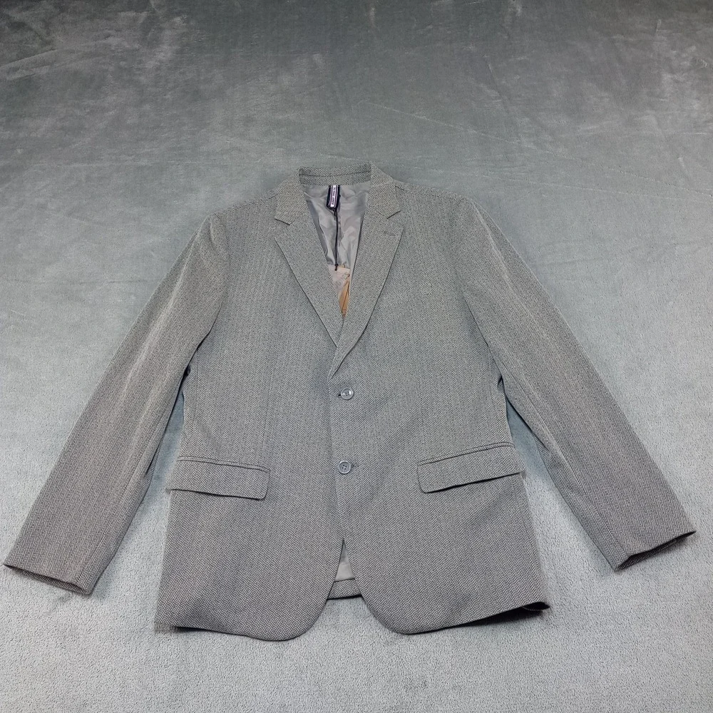 Preppy Office Sport Coat Mens L Grey Herringbone 2 Button Blazer Dark Academia